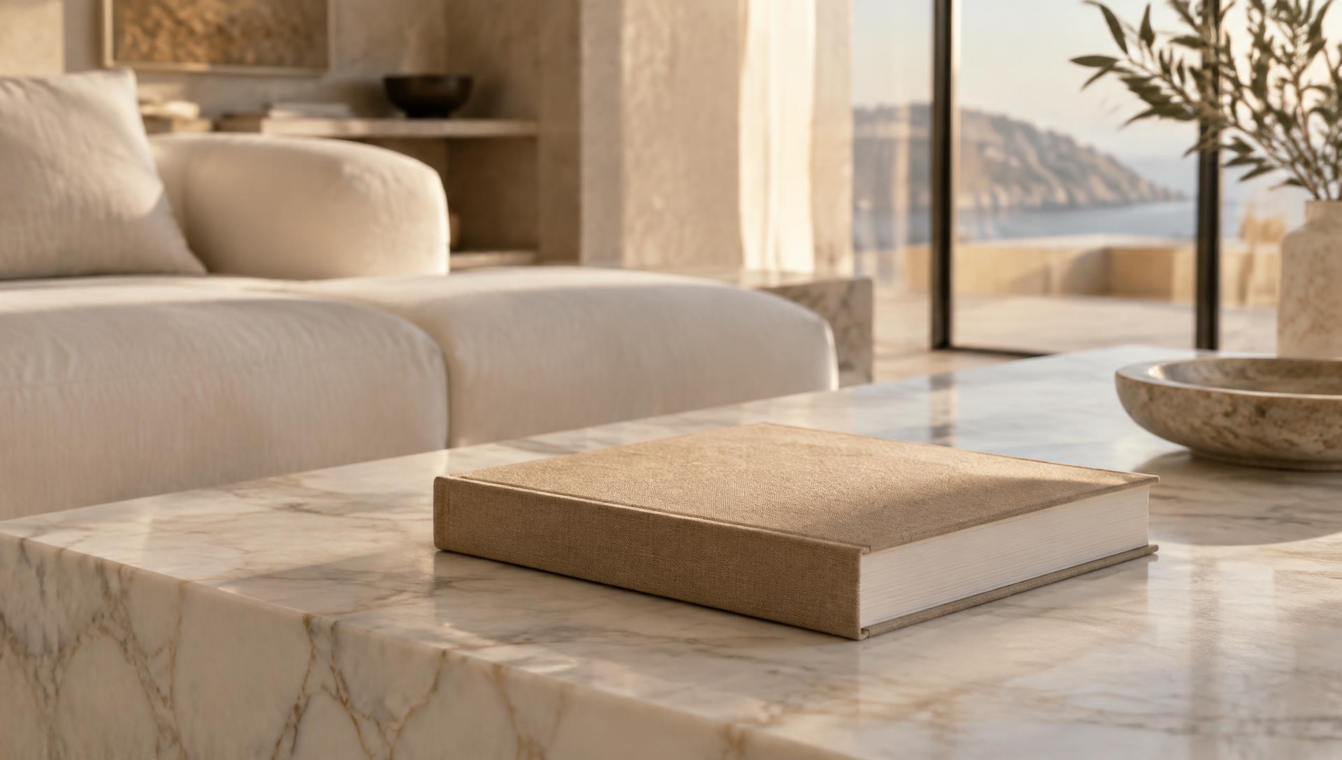 A linen-bound heirloom book resting on a marble coffee table